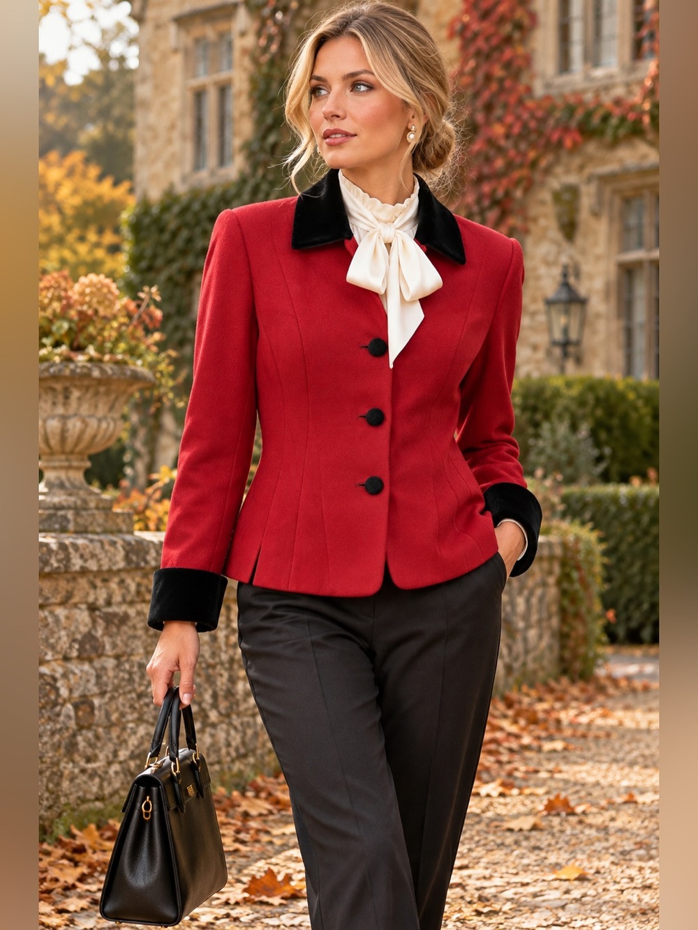 Vintage Kasper Brand Tailored Red Blazer with Black Velvet Trim